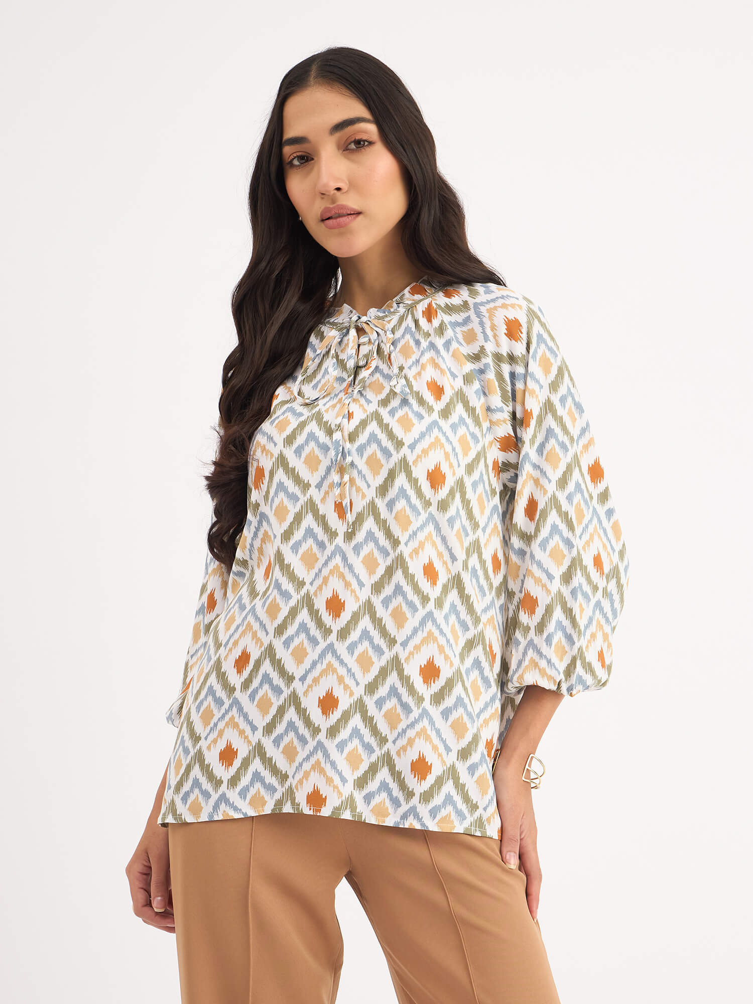 Jenna-Ikat Print Raglan Sleeve Top - Beige