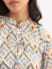 Jenna-Ikat Print Raglan Sleeve Top - Beige