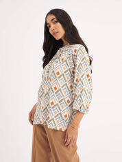 Jenna-Ikat Print Raglan Sleeve Top - Beige