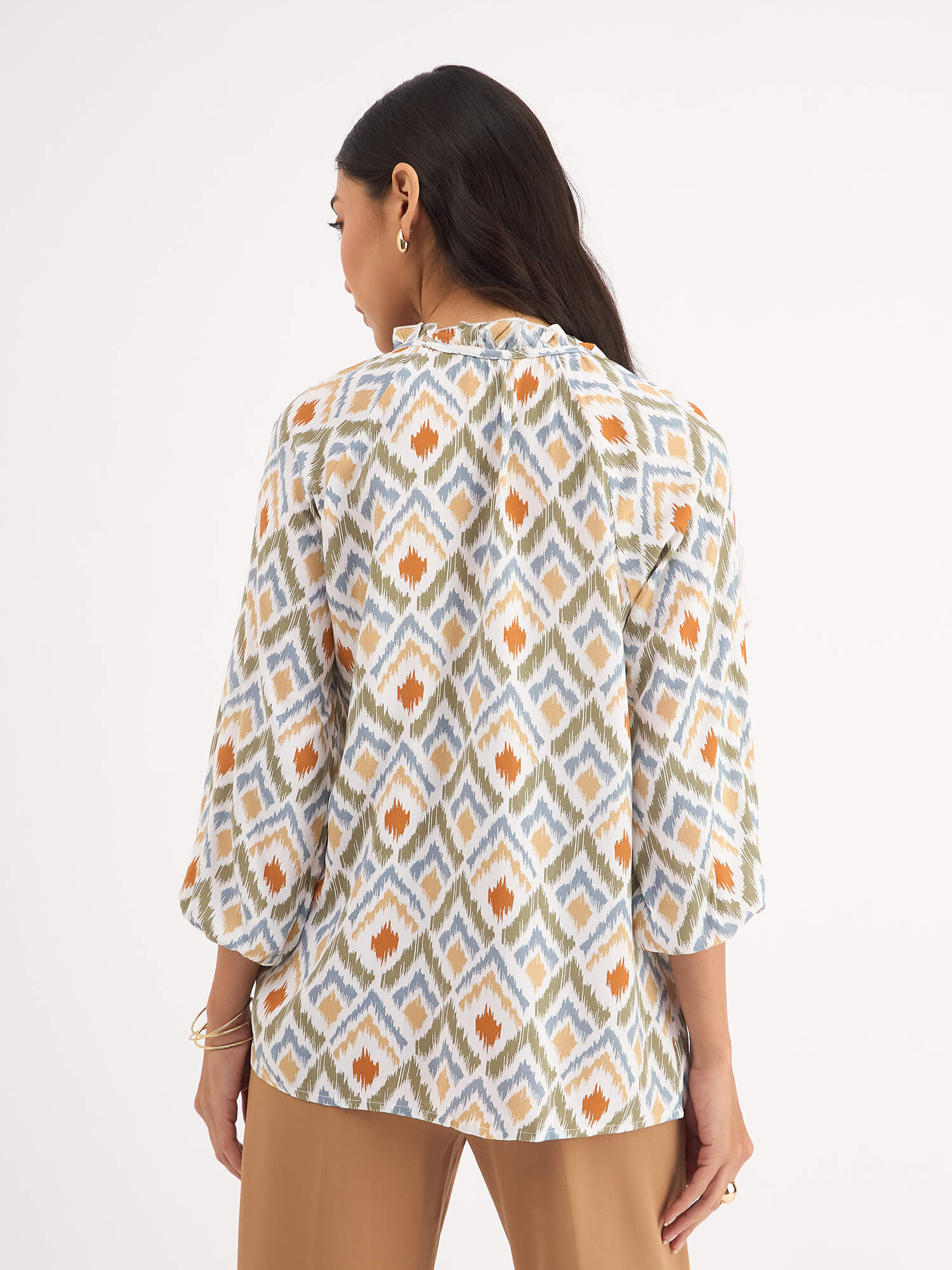 Jenna-Ikat Print Raglan Sleeve Top - Beige