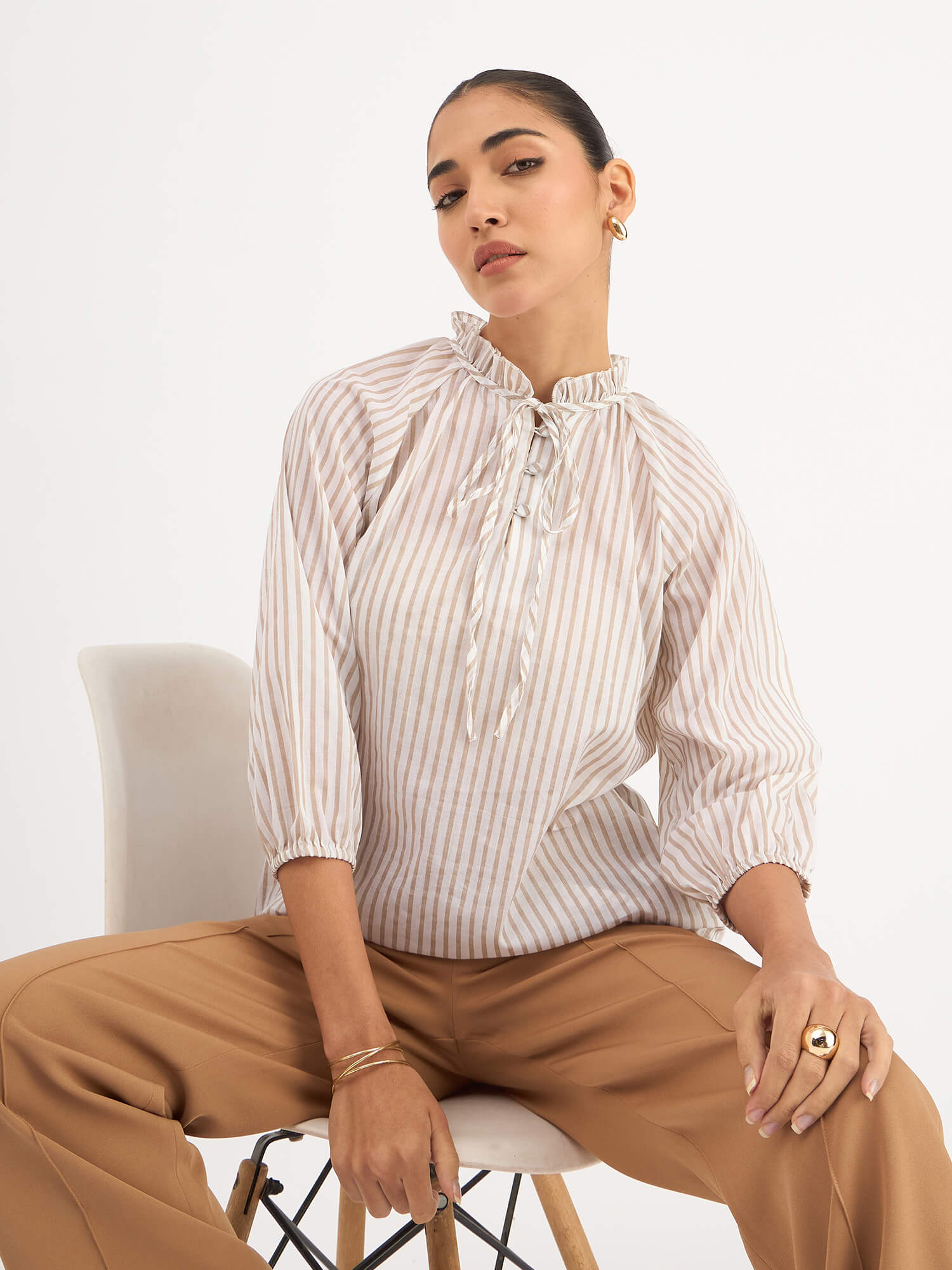 Jenna Raglan Sleeve Stripes Top - Beige