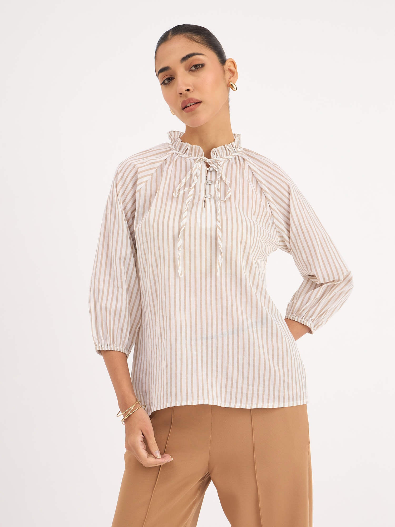 Jenna Raglan Sleeve Stripes Top - Beige