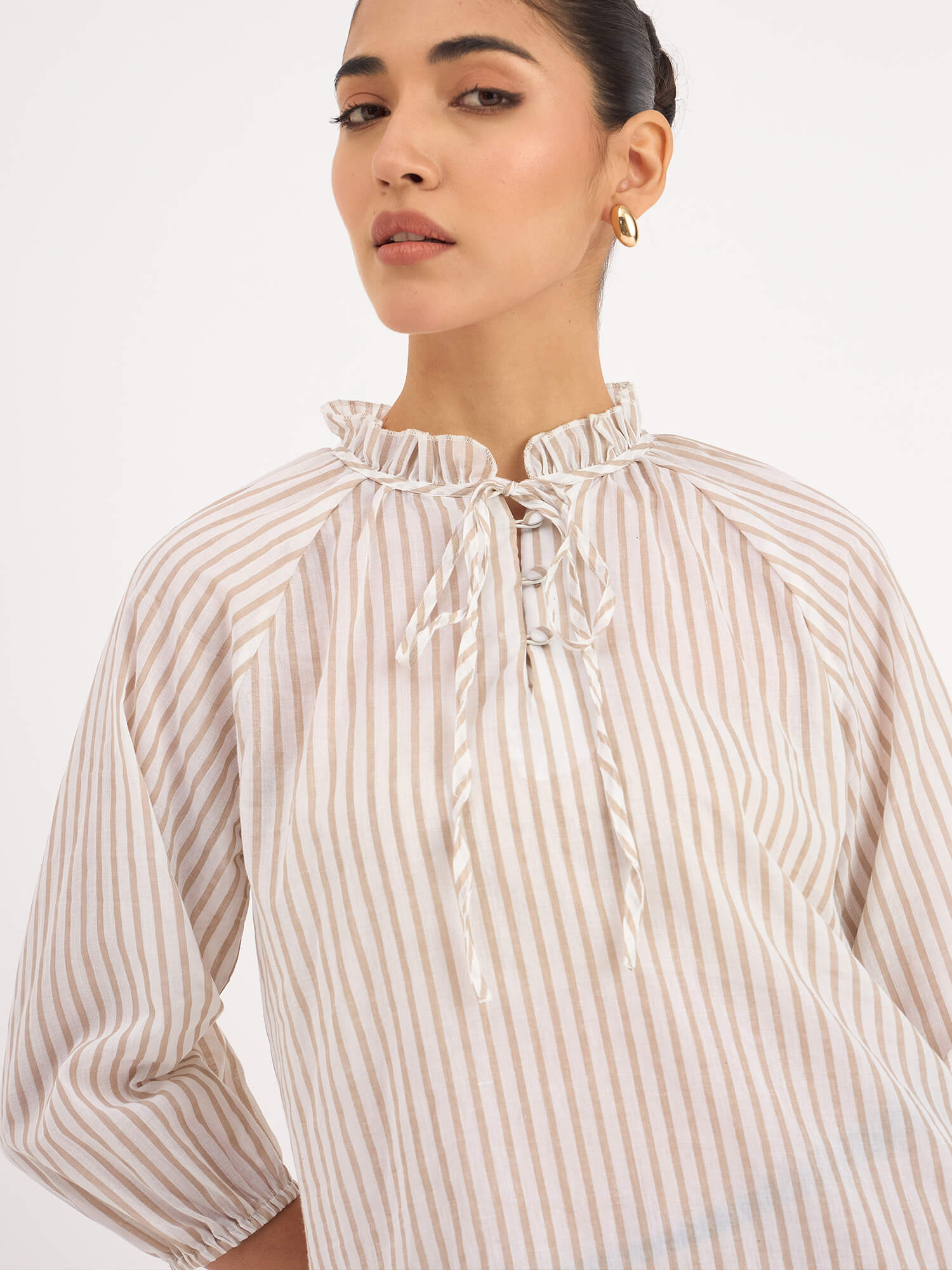 Jenna Raglan Sleeve Stripes Top - Beige