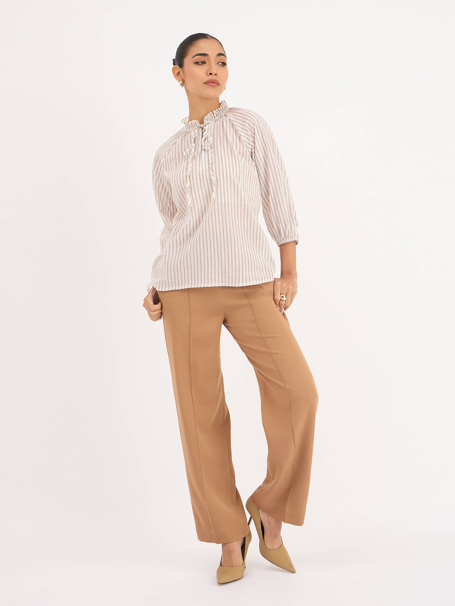 Jenna Raglan Sleeve Stripes Top - Beige