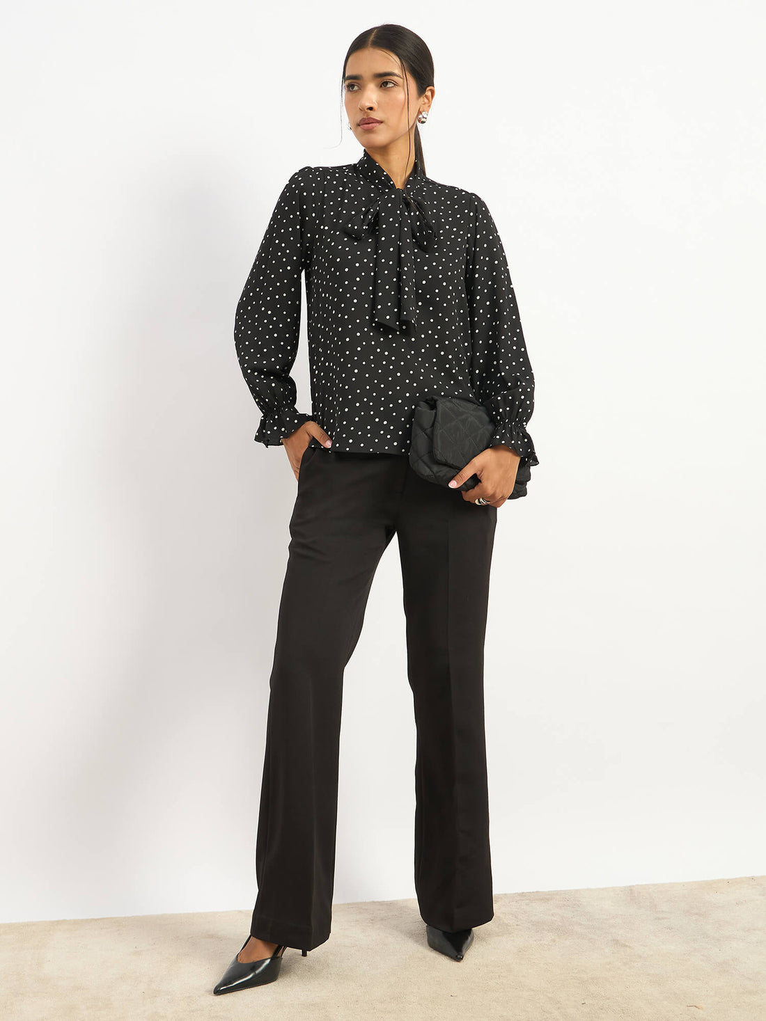 Dion Tie Up Blouse - Black Polka
