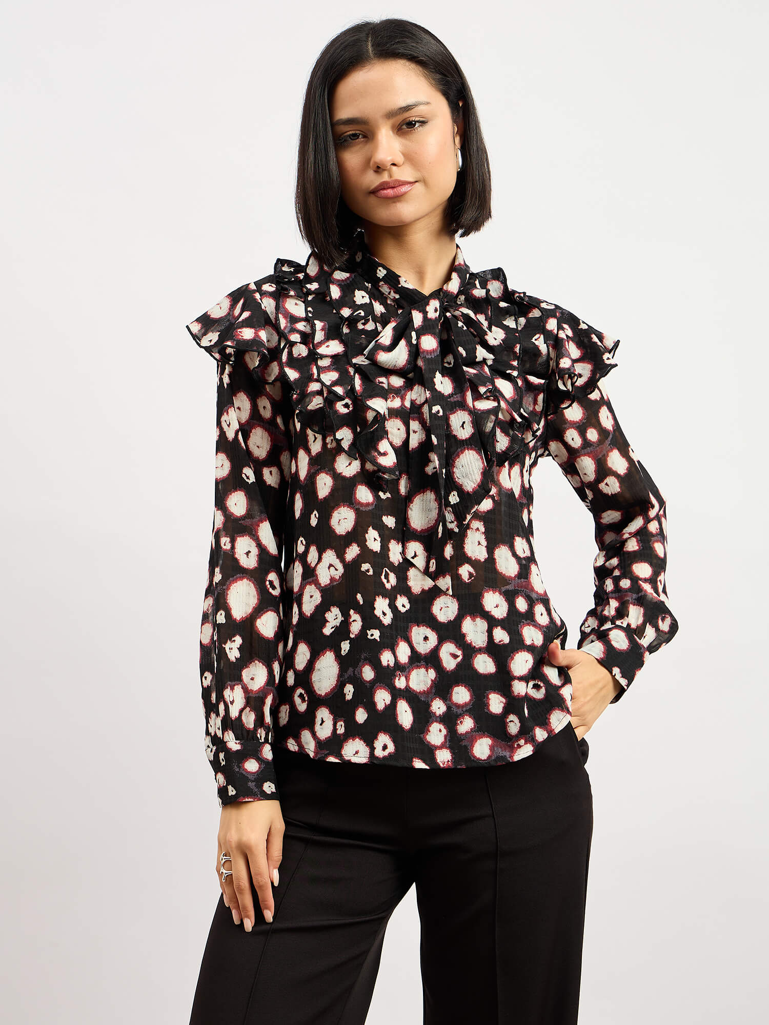 Plume Tie Up Ruffled Top - Black