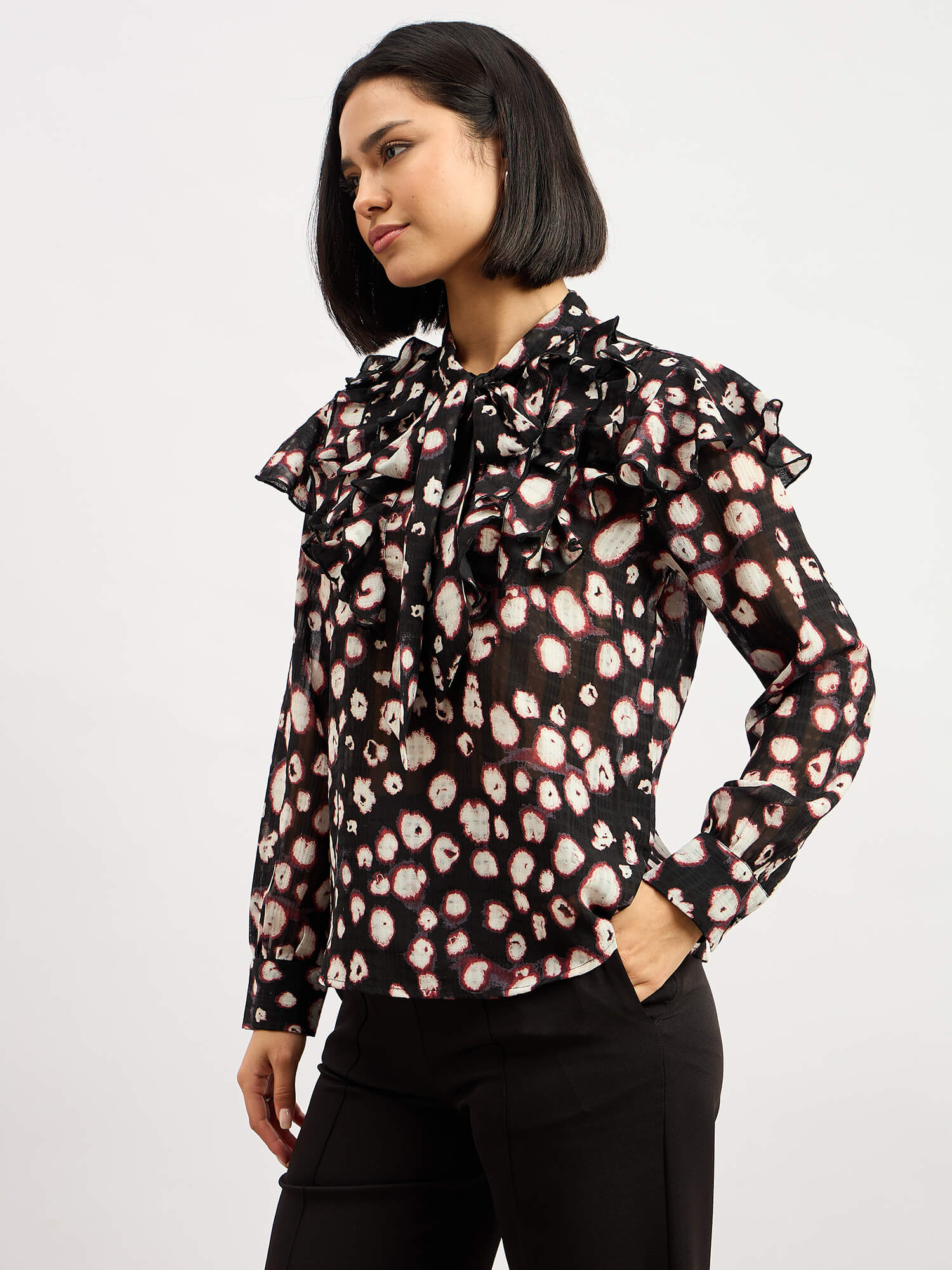 Plume Tie Up Ruffled Top - Black