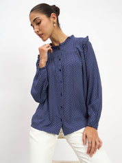 Rosy Polka Ruffled Neckline Top - Navy Blue