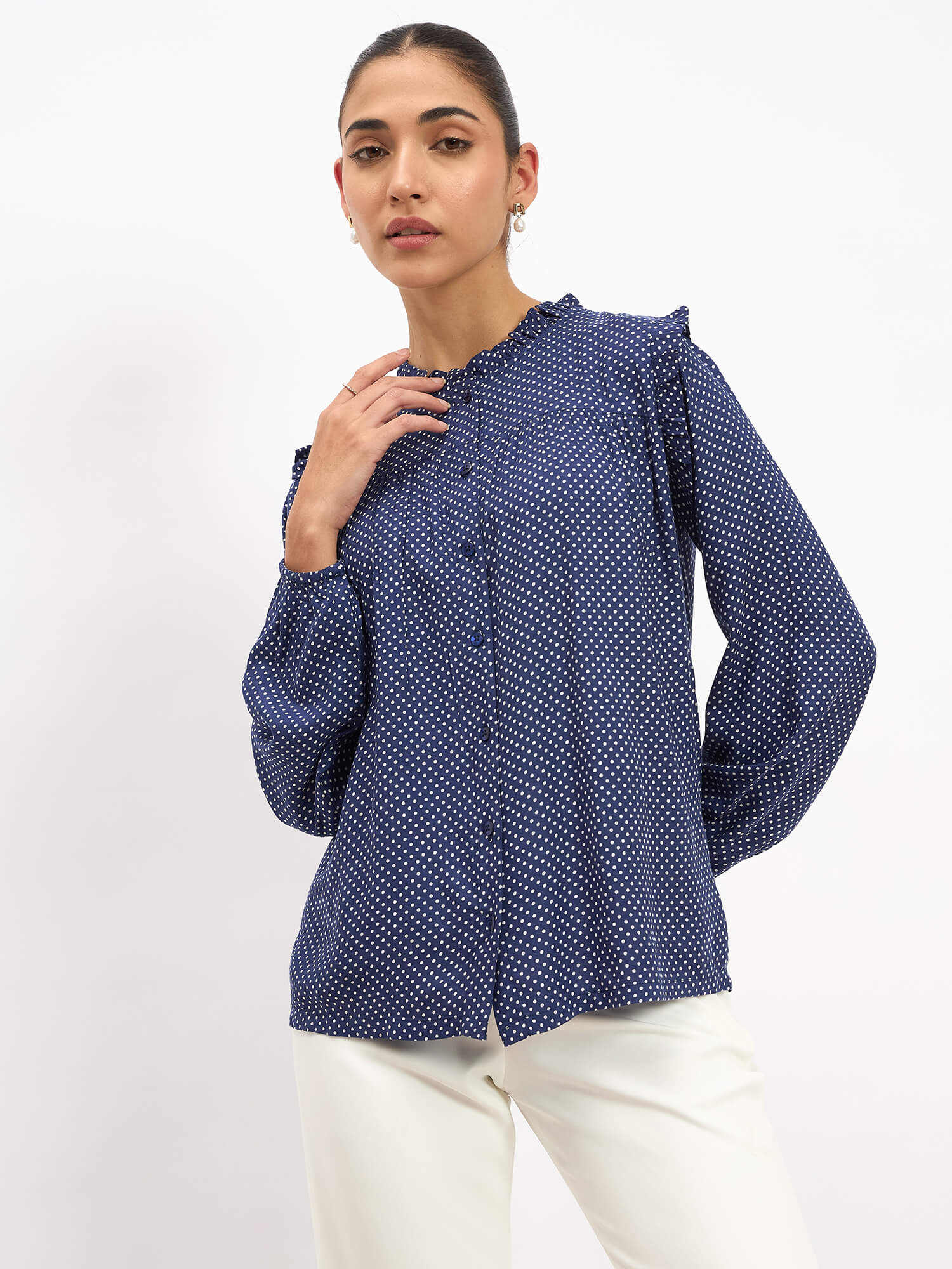 Rosy Polka Ruffled Neckline Top - Navy Blue