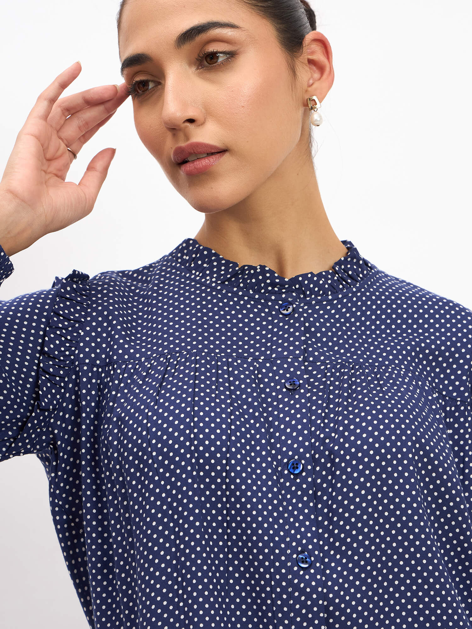 Rosy Polka Ruffled Neckline Top - Navy Blue