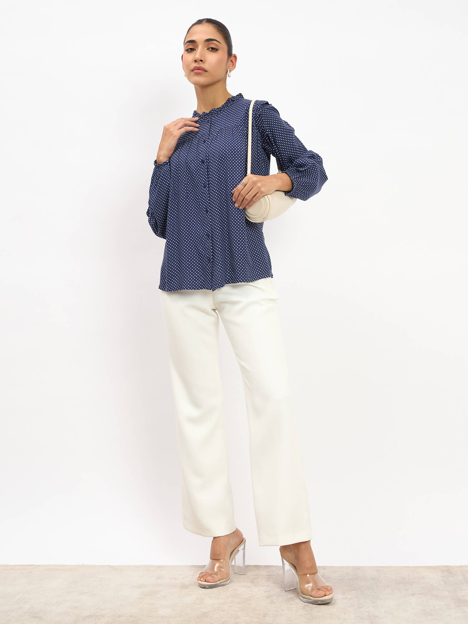 Rosy Polka Ruffled Neckline Top - Navy Blue