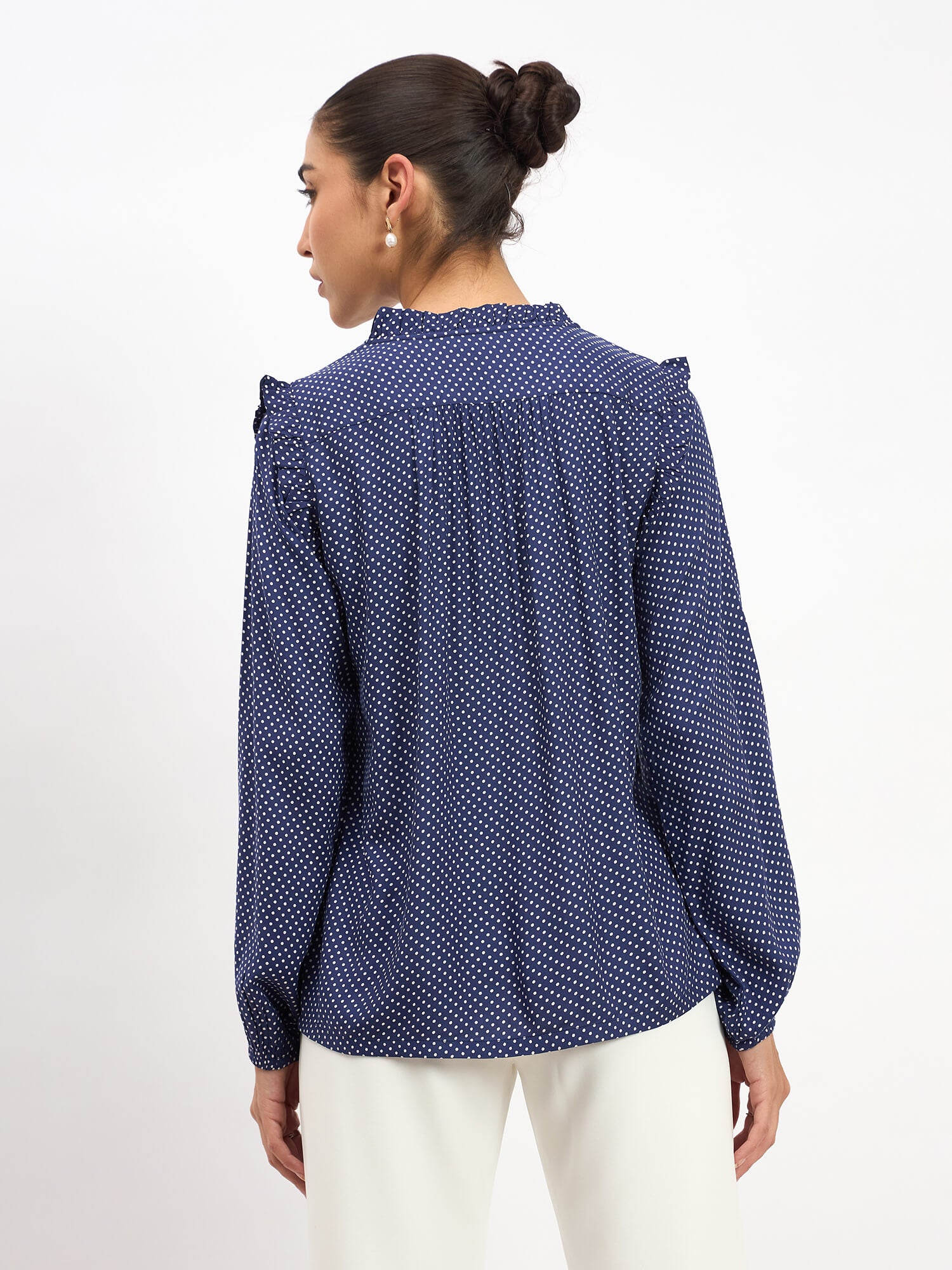 Rosy Polka Ruffled Neckline Top - Navy Blue