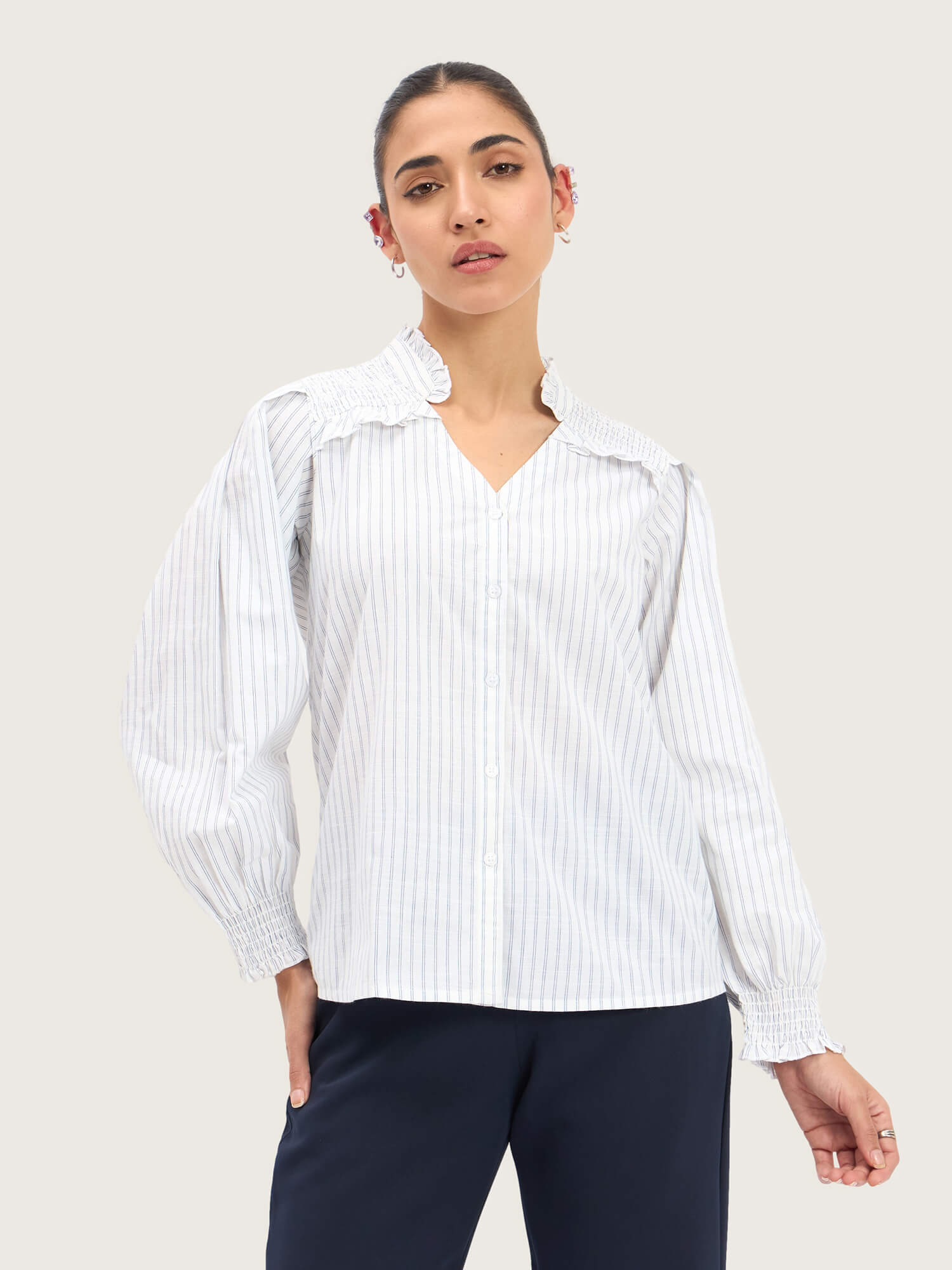 Mabel Striped Button Down Top - Blue Stripes