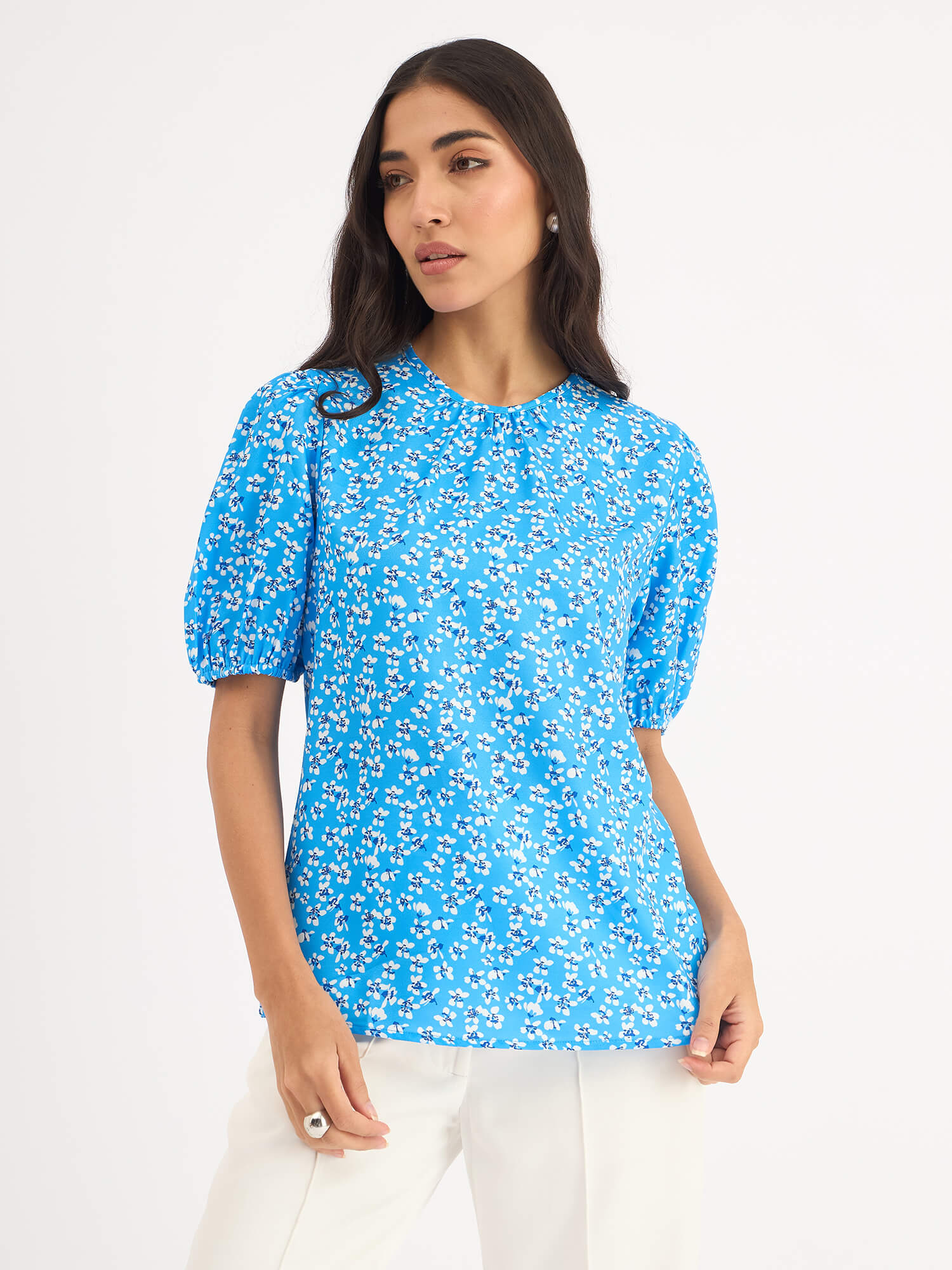 Verdance Puff Sleeve Pleated Neck Top - Blue