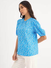 Verdance Puff Sleeve Pleated Neck Top - Blue