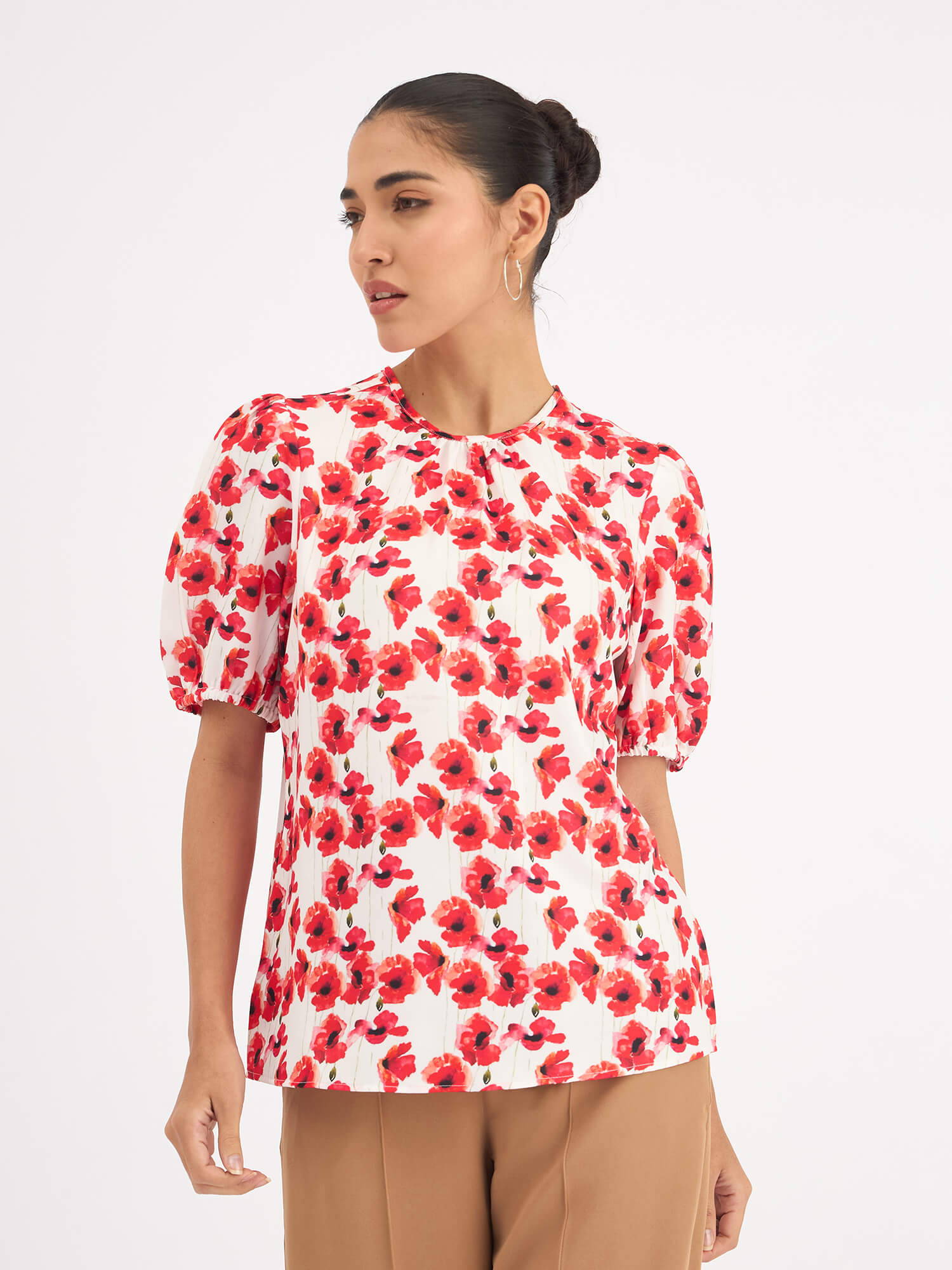 Darcey Puff Sleeve Pleated Neck Top - Red & White