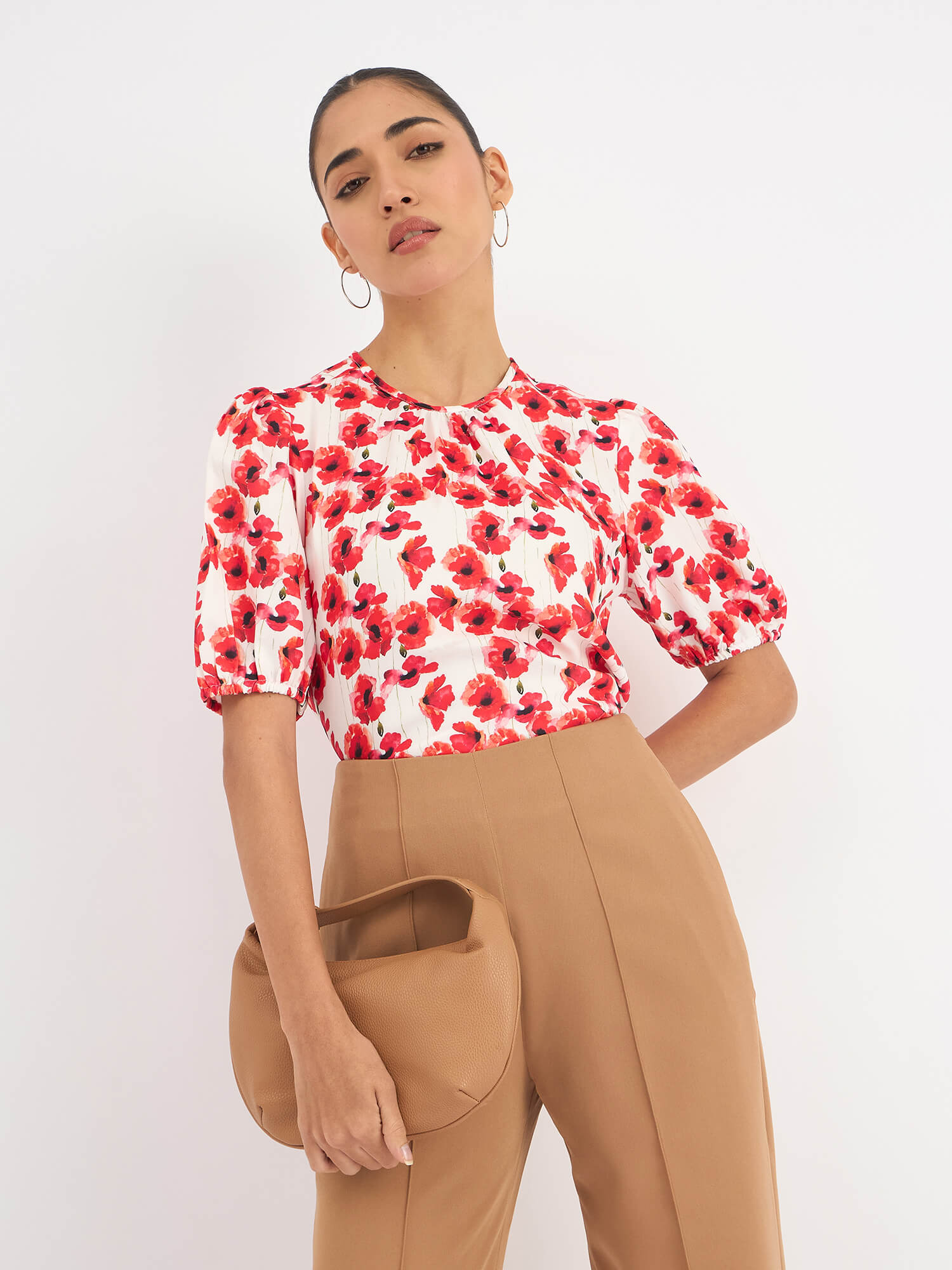 Darcey Puff Sleeve Pleated Neck Top - Red & White