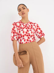 Darcey Puff Sleeve Pleated Neck Top - Red & White