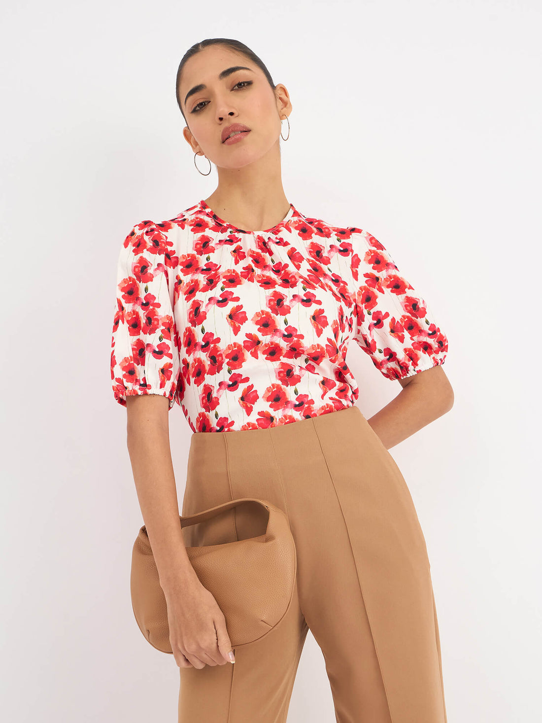 Darcey Puff Sleeve Pleated Neck Top - Red &amp; White