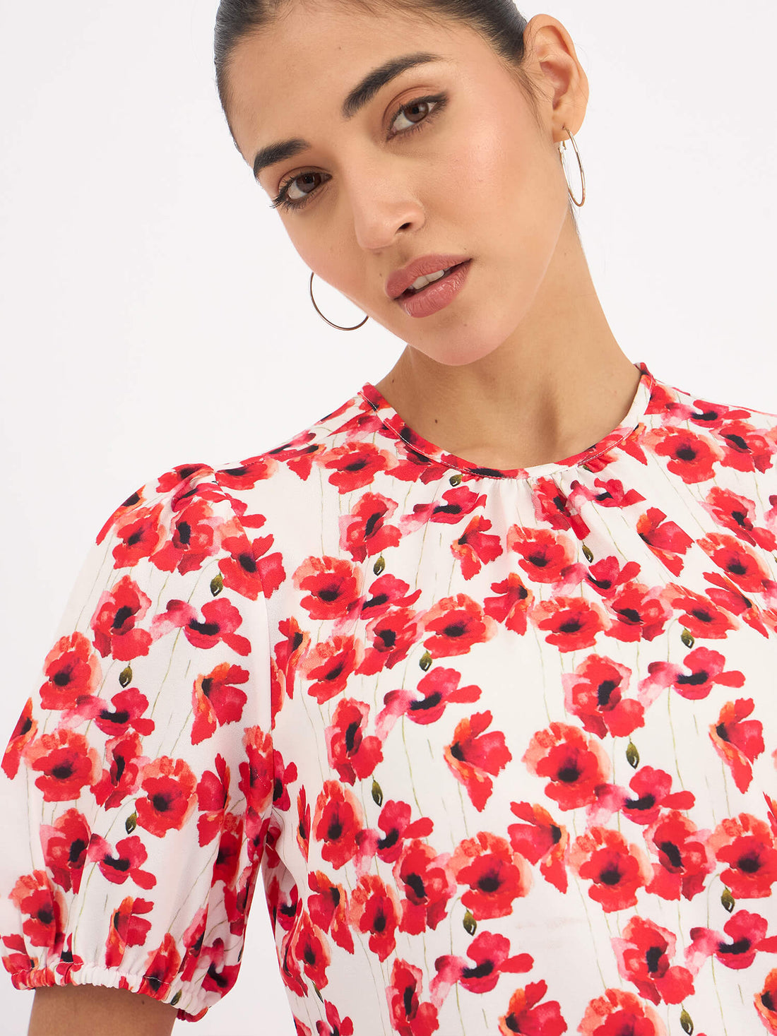Darcey Puff Sleeve Pleated Neck Top - Red &amp; White