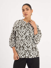 Jenna Printed Dobby Raglan Sleeve Top - Black & White