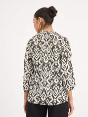 Jenna Printed Dobby Raglan Sleeve Top - Black & White