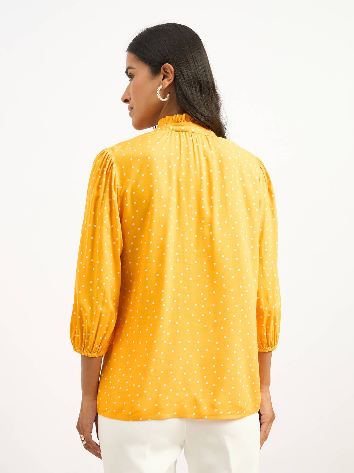 Zebi Tie-up Ruffled Neck Top - Yellow