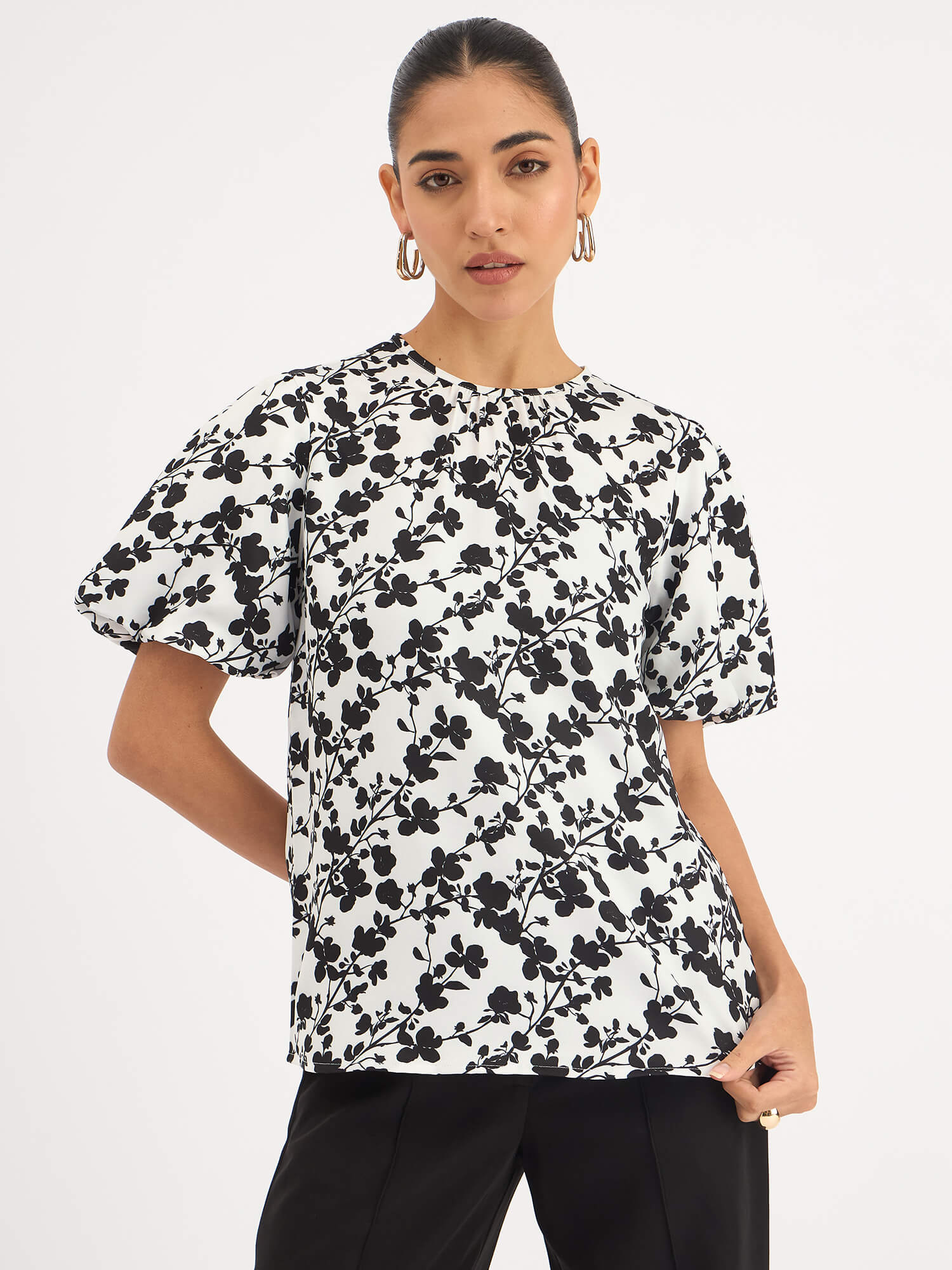 Myla Pleated Neck Puff Sleeve Top - Black &amp; White - SALT Attire