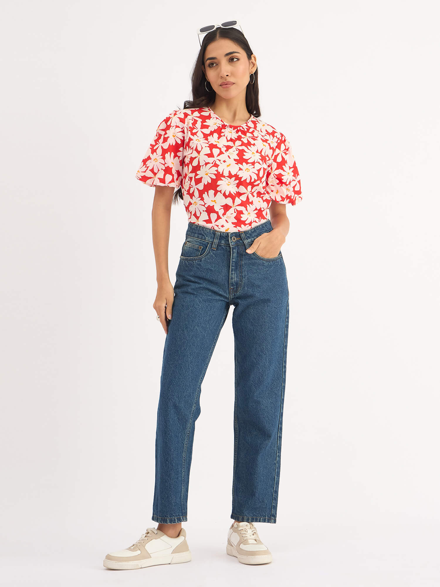 Myla Floral Pleated Neck Puff Sleeve Top - Red