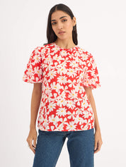 Myla Floral Pleated Neck Puff Sleeve Top - Red