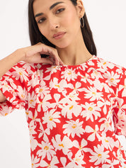 Myla Floral Pleated Neck Puff Sleeve Top - Red