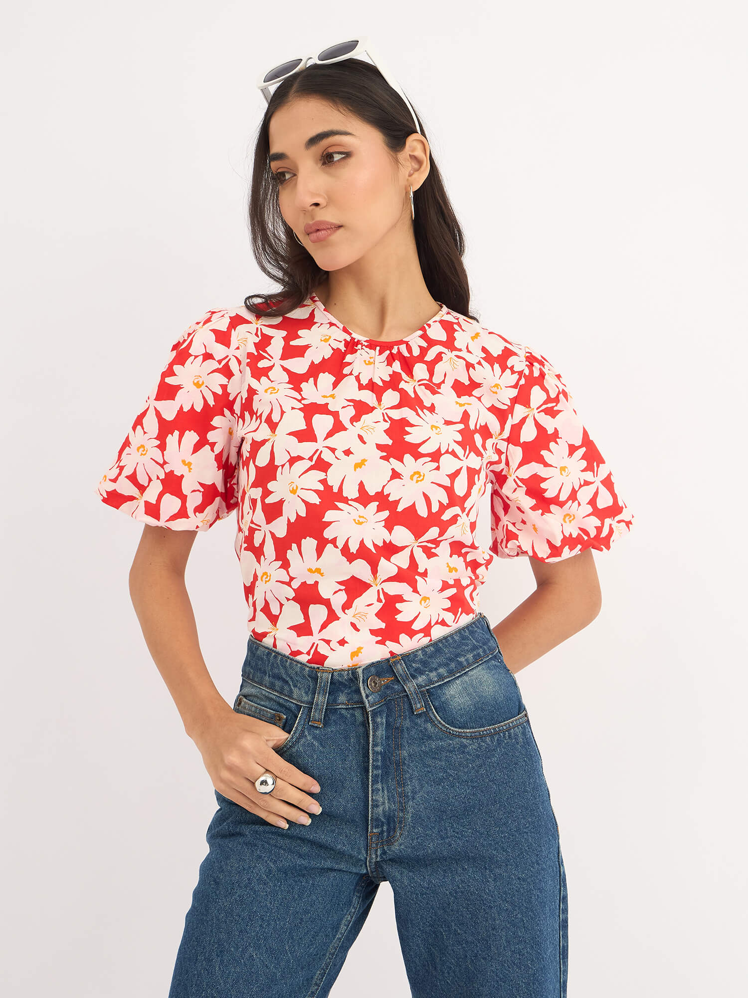 Myla Floral Pleated Neck Puff Sleeve Top - Red