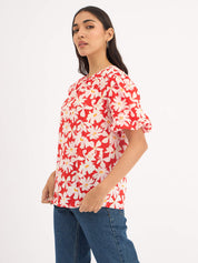 Myla Floral Pleated Neck Puff Sleeve Top - Red