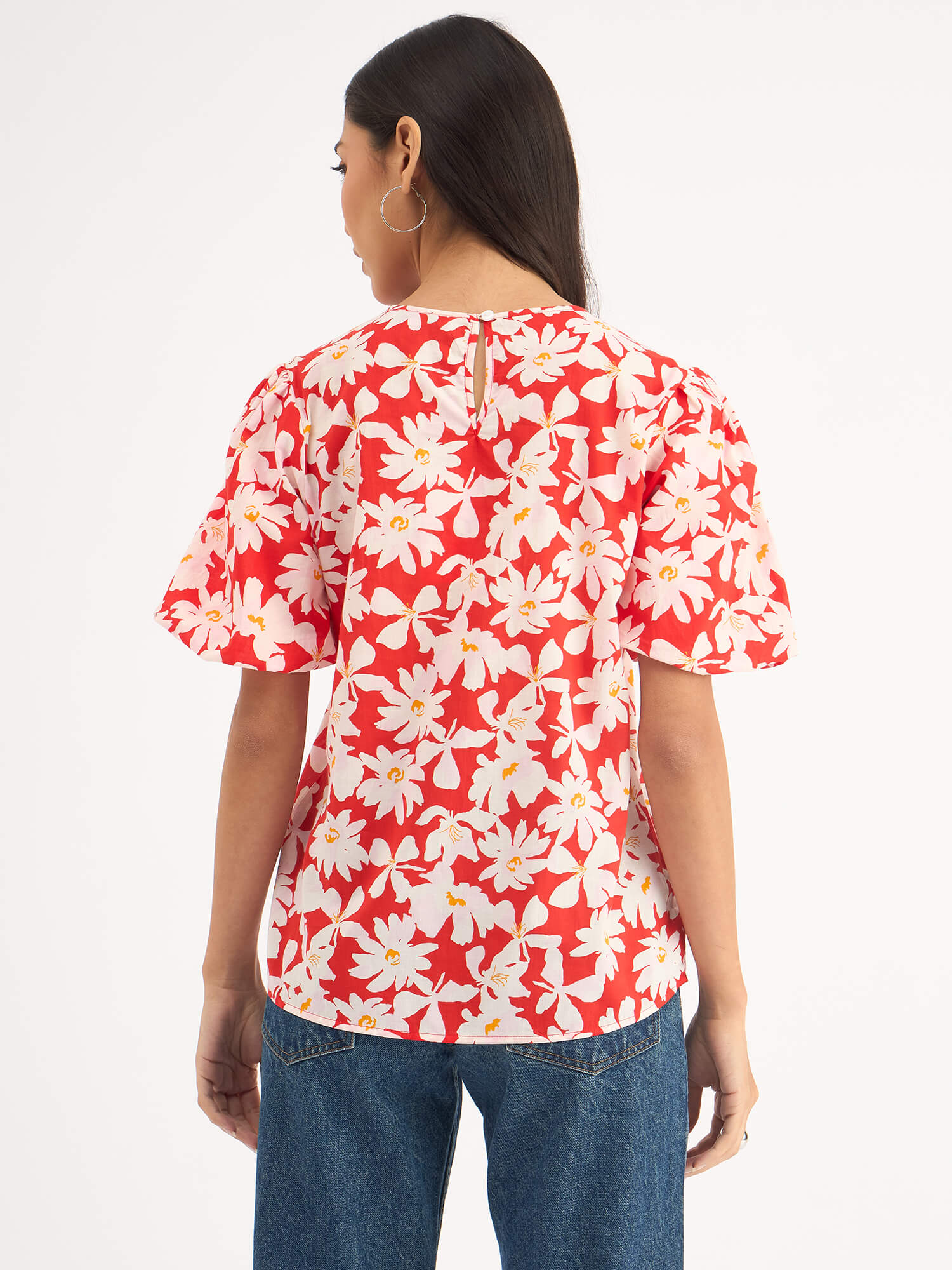 Myla Floral Pleated Neck Puff Sleeve Top - Red