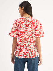 Myla Floral Pleated Neck Puff Sleeve Top - Red