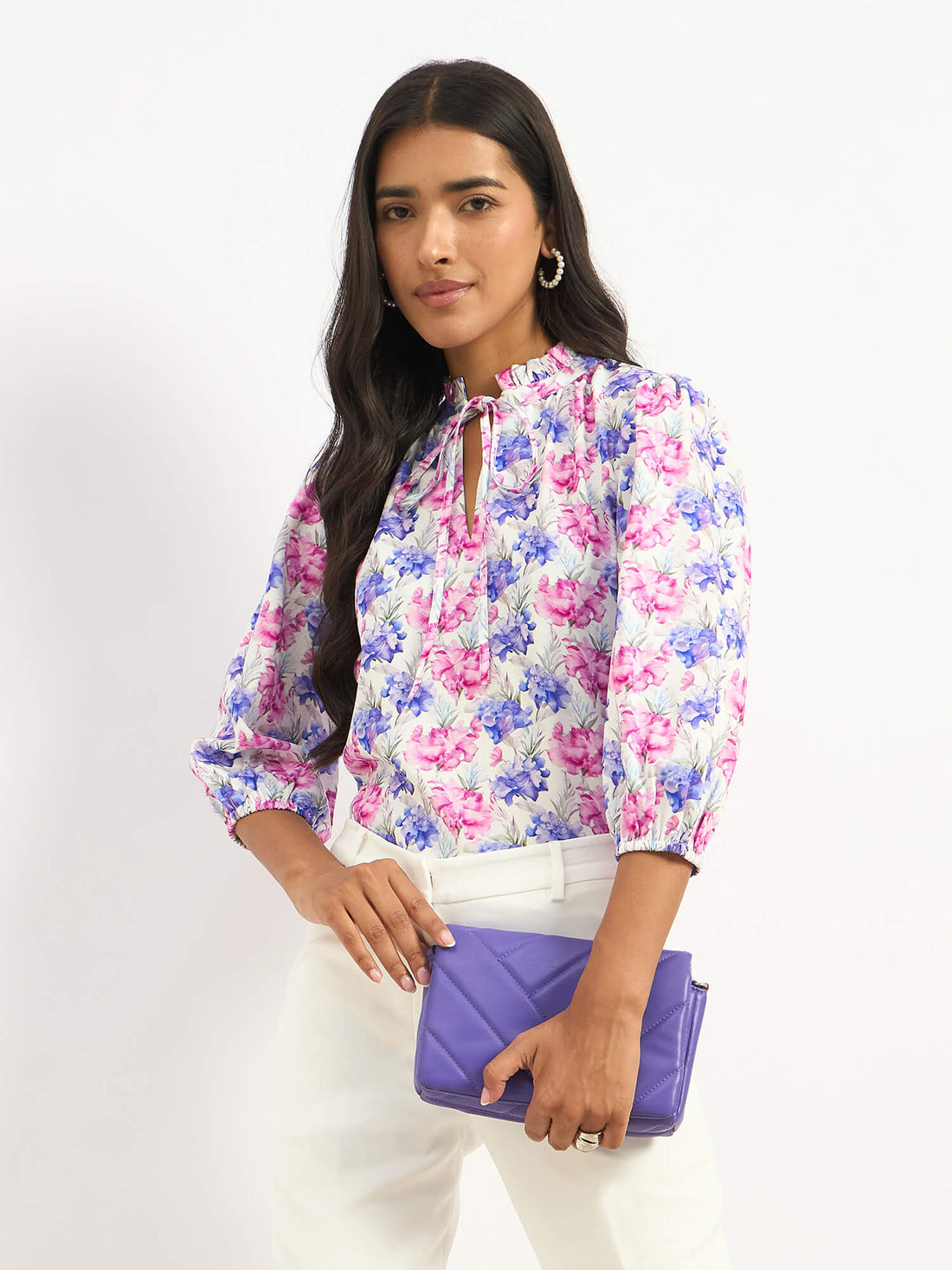 Zebi Tie-up Ruffled Neck Top - Multicolor