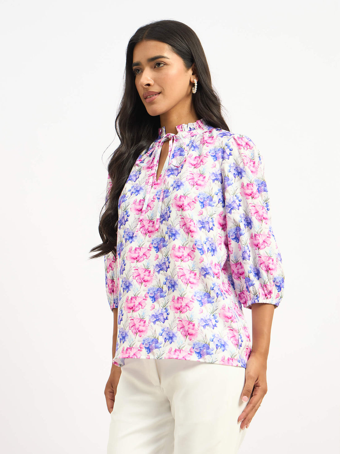 Zebi Tie-up Ruffled Neck Top - Multicolor