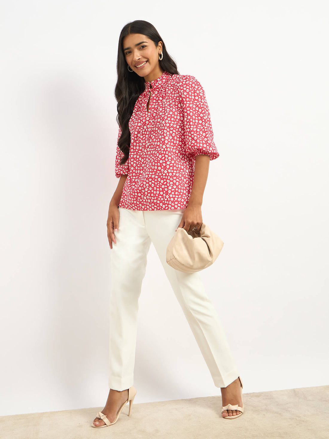 Zebi Tie-up Ruffled Neck Top - Red Daisy