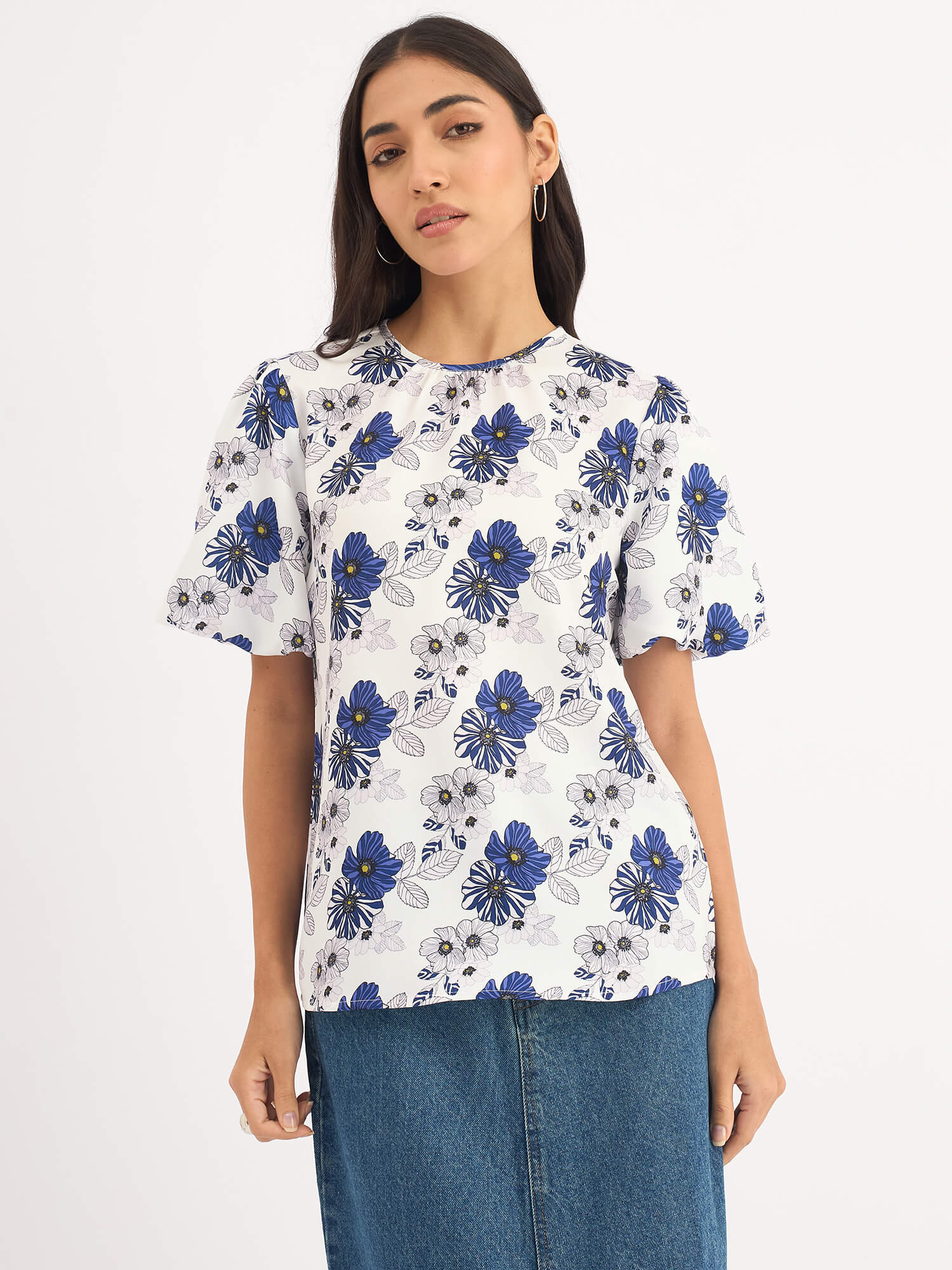 Myla-Blue Pansies Pleated Neck Puff Sleeve Top - Blue