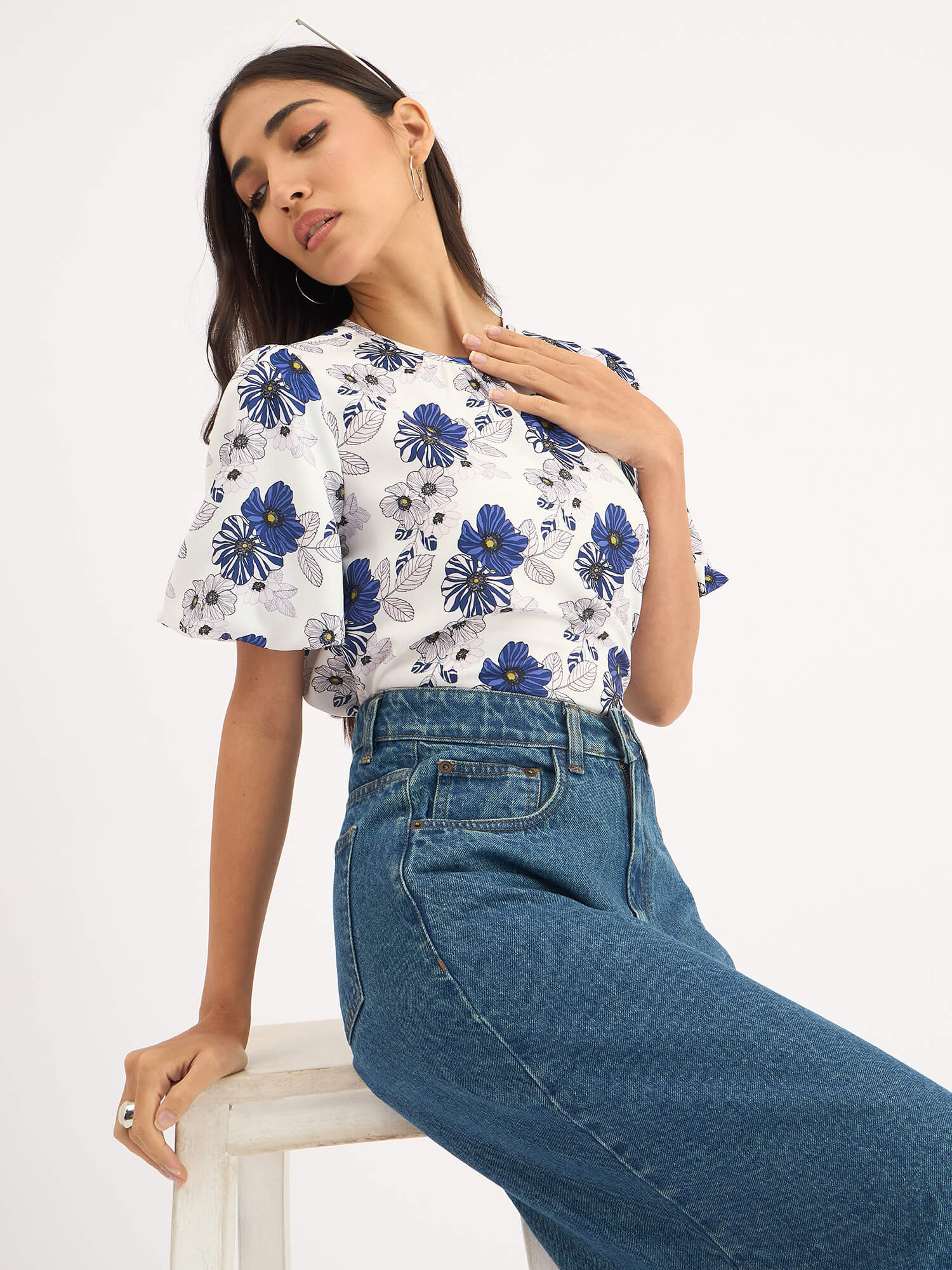 Myla-Blue Pansies Pleated Neck Puff Sleeve Top - Blue