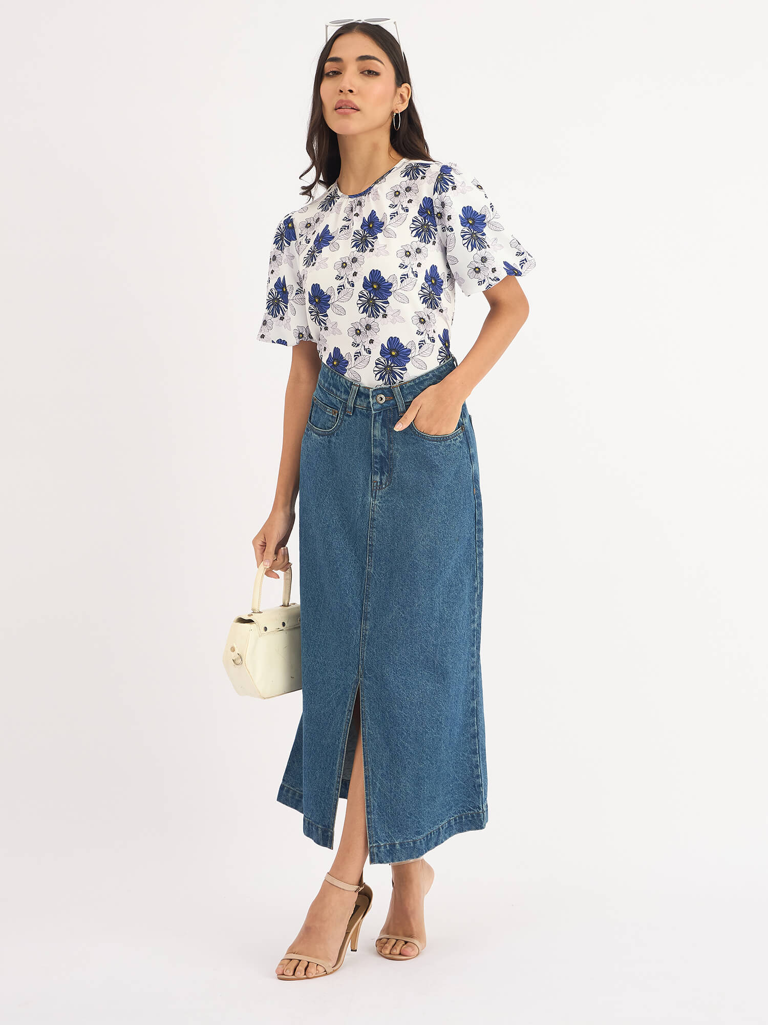 Myla-Blue Pansies Pleated Neck Puff Sleeve Top - Blue