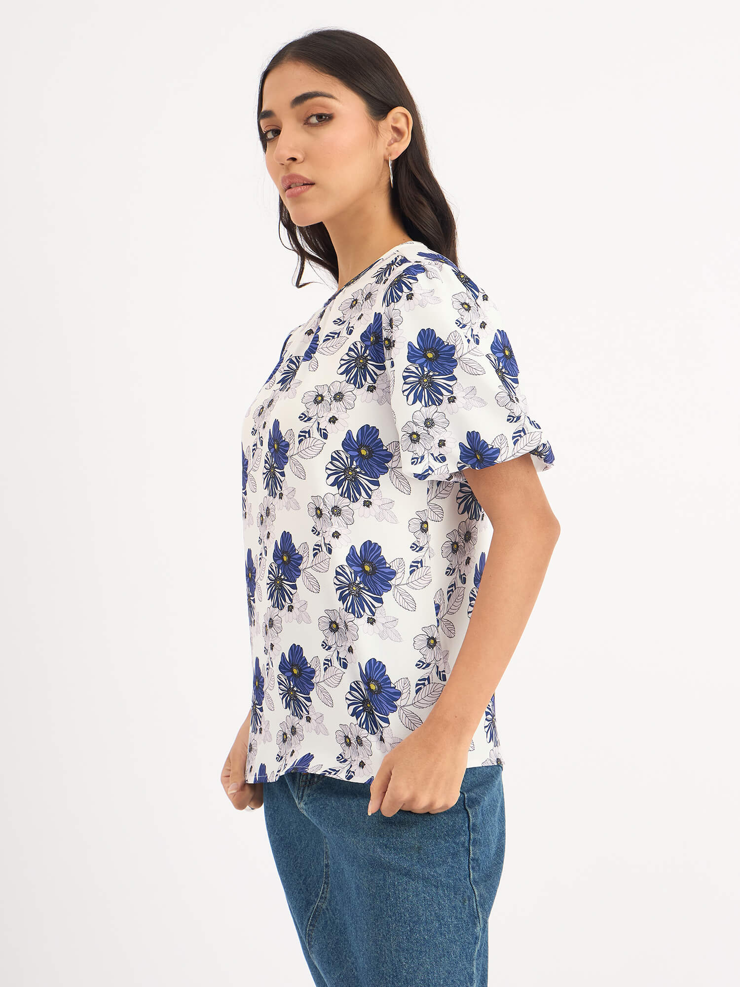 Myla-Blue Pansies Pleated Neck Puff Sleeve Top - Blue