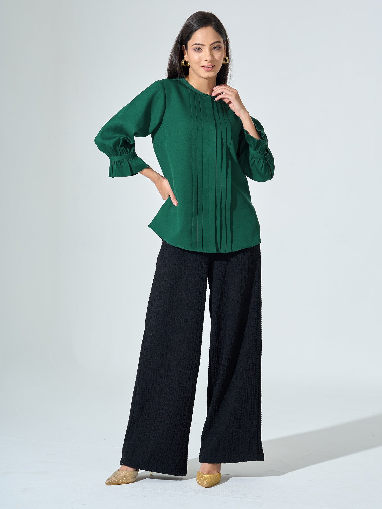 Panache Front pleated top with ruffle sleeves - Forest Green