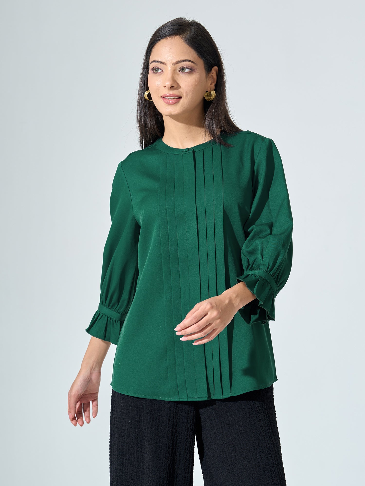 Panache Front pleated top with ruffle sleeves - Forest Green