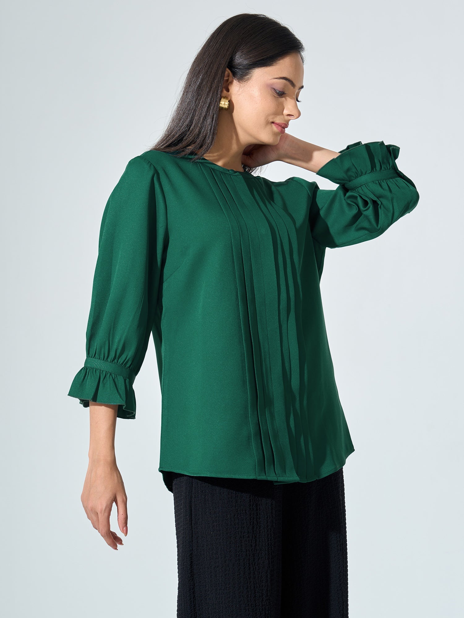 Panache Front pleated top with ruffle sleeves - Forest Green