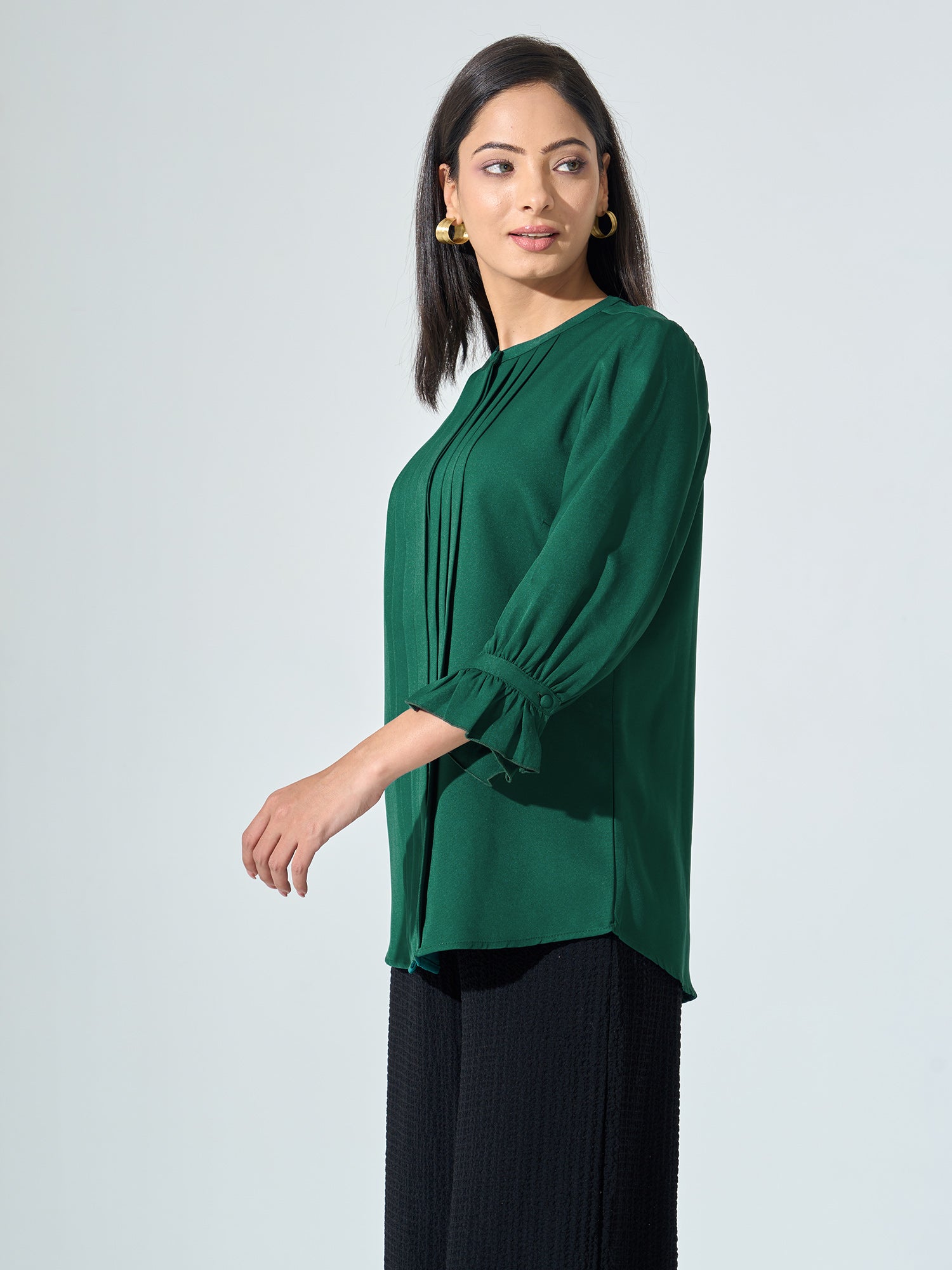 Panache Front pleated top with ruffle sleeves - Forest Green