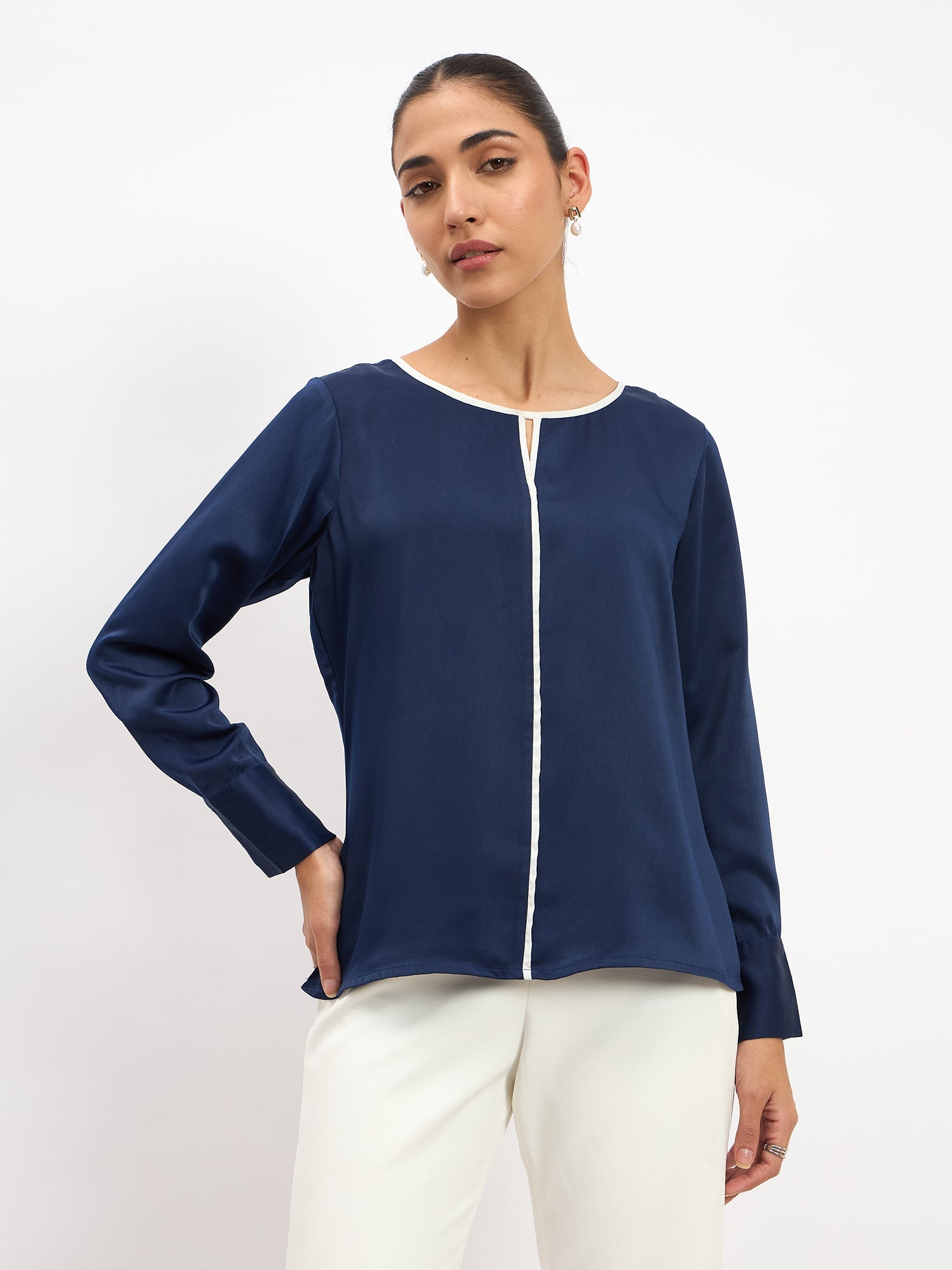 Agate Contrast Piping Top - Navy Blue - SALT Attire