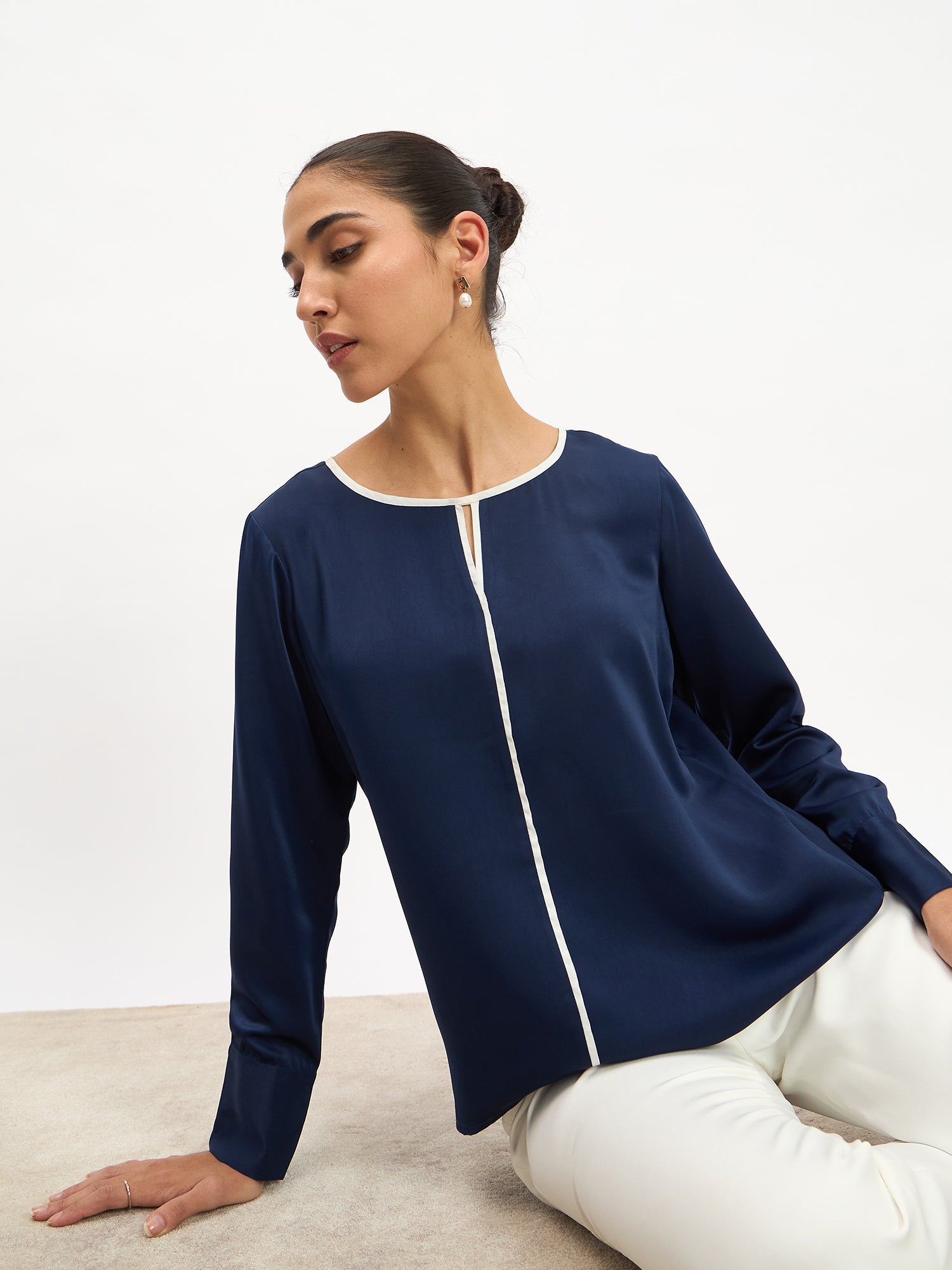 Agate Contrast Piping Top - Navy Blue - SALT Attire