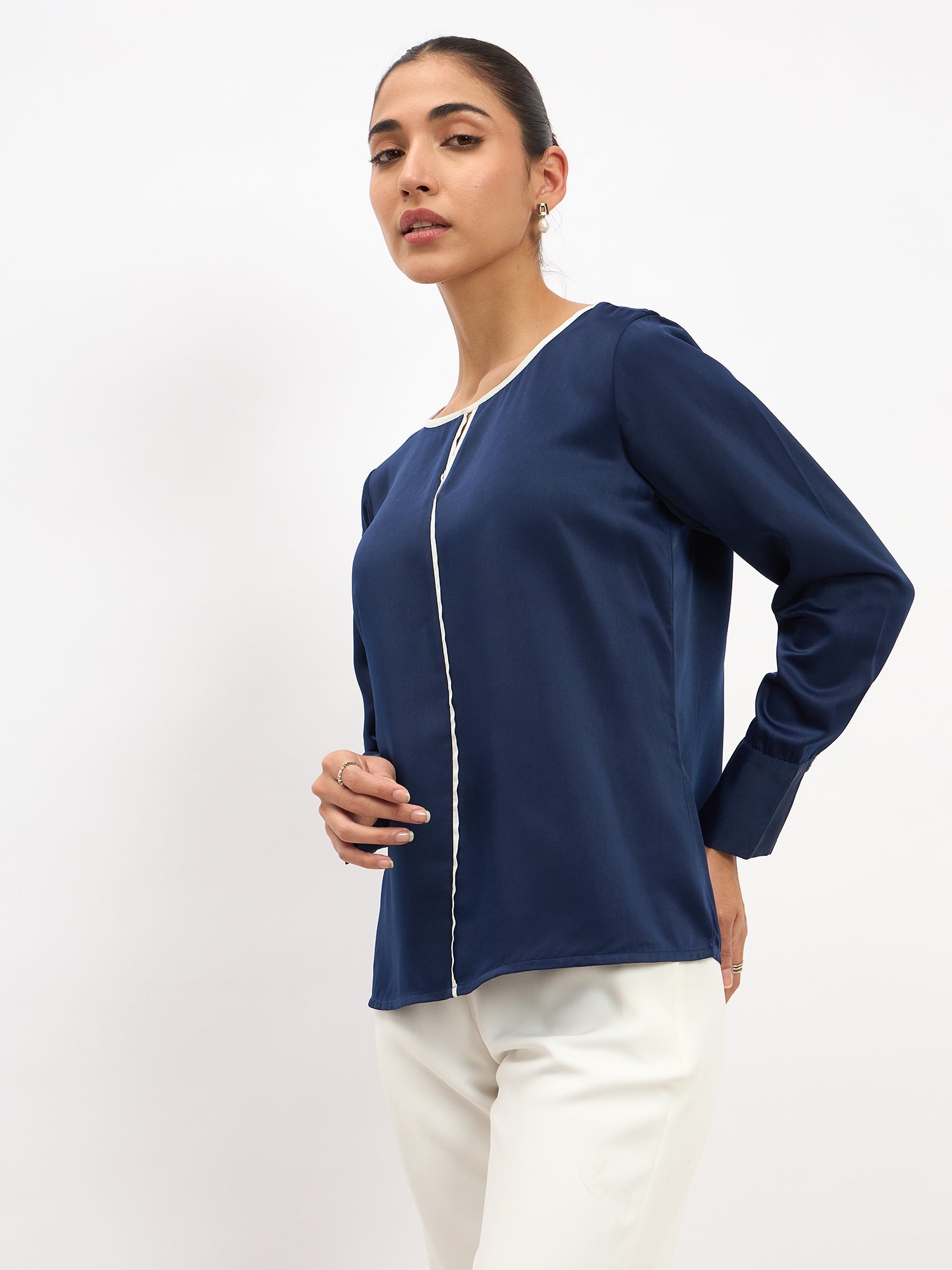 Agate Contrast Piping Top - Navy Blue - SALT Attire