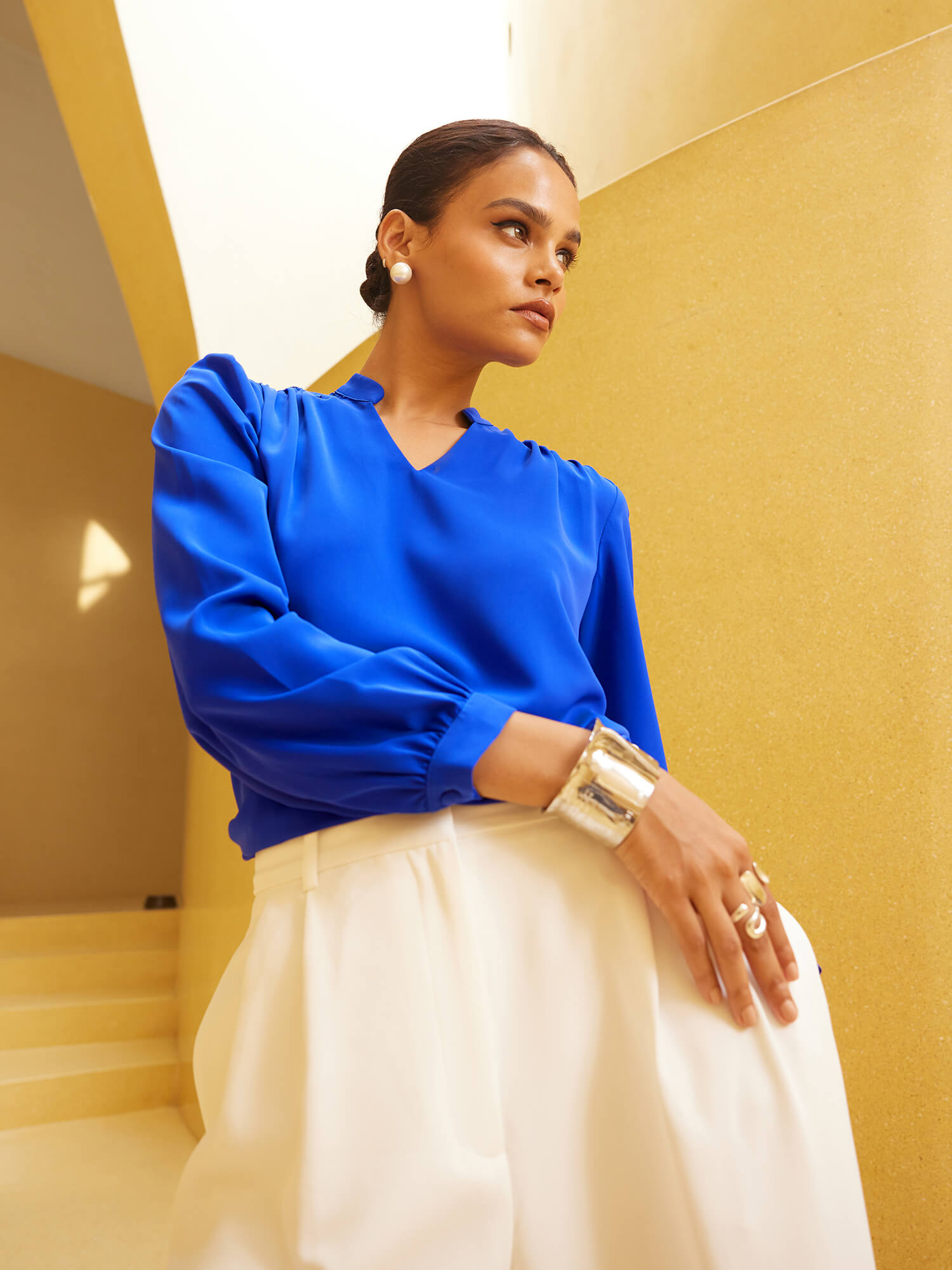 Astral Collared V-Neck Top - Galactic Blue - SALT Attire